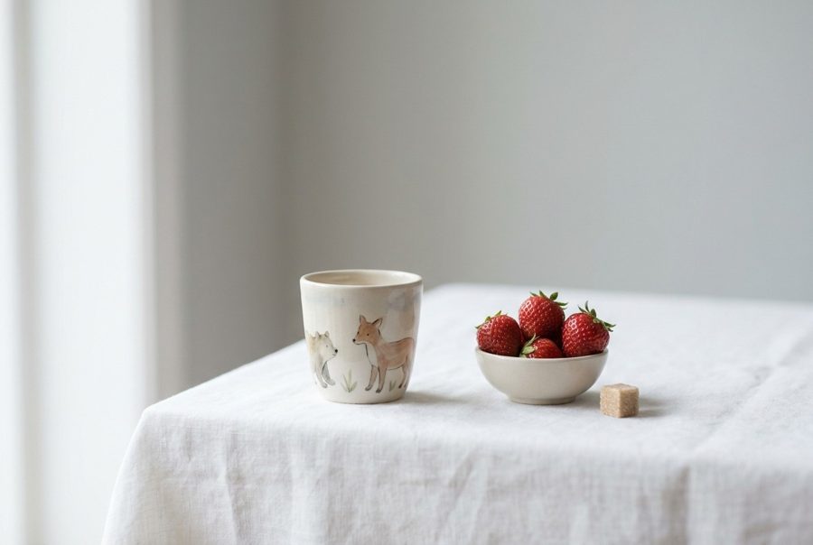 Taza infantil, fresas y un terrón de azúcar sobre lino