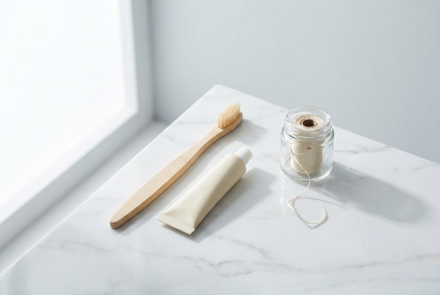 Cepillo de madera, pasta e hilo dental sobre mármol