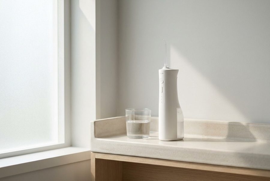 Irrigador dental junto a un vaso de agua